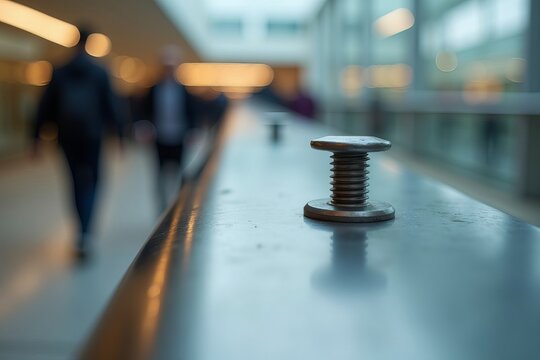 Detailed view of the protruding bolt on the metal handrail, highlighting the juxtaposition of the sleek rail against the rugged bolt, with a softly blurred backdrop of a bustling public building.