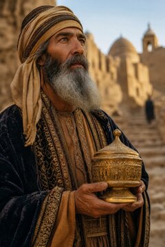 Man representing a wise magi holding a golden chalice to offer a gift to Jesus. Biblical depiction of the nativity scene. Traditional religious costume in a desert city setting.