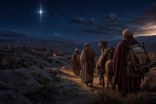 Three wise men traveling with camel toward Bethlehem under bright star. Biblical nativity scene representing journey of magi. Religious concept for Christmas season and spiritual faith.