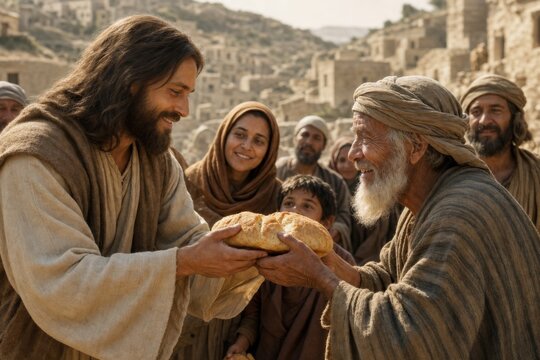Jesus Christ sharing bread with elderly man. Biblical scene depicting miracle of feeding crowd. Spiritual religious concept of compassion, charity and kindness in ancient Judea village.