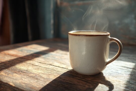 Steaming coffee in ceramic mug on rustic wood table with sunlight and shadow in morning light close up