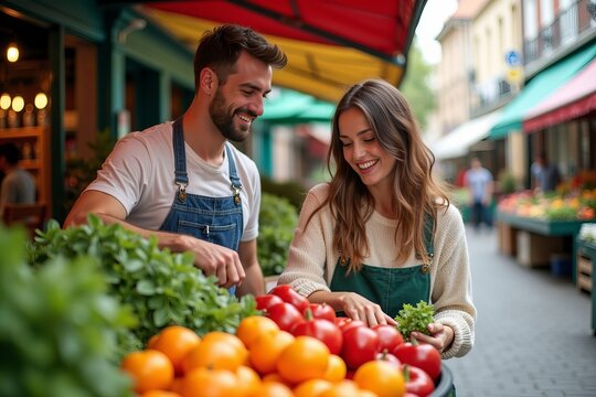 Playful Couple Selects Fresh Vegetables Amidst Colorful Farmer's Market Stalls.