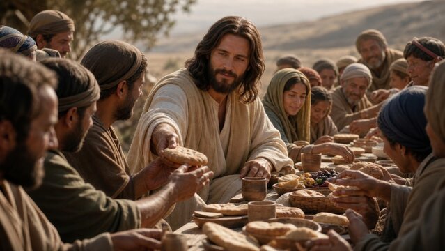 Jesus Christ sharing bread with followers during outdoor meal. Biblical scene of fellowship and holy communion. Religious depiction of kindness, generosity and miracle of feeding crowd.