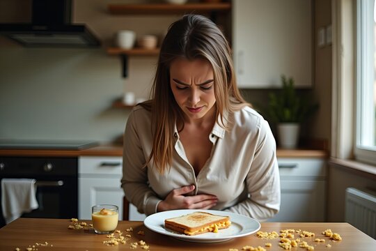 Candid Moment: Woman in Her Cozy Kitchen, Gently Cradling Her Stomach at the Breakfast Table with an Empty Plate and Half-Eaten Sandwich