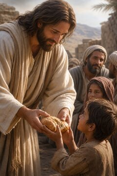 Jesus Christ giving bread to a hungry child in the desert. Religious scene depicting miracle of feeding the multitude. Biblical story of compassion, charity and faith for church service.