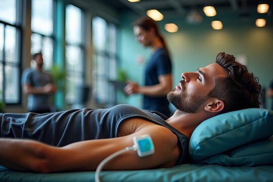 Athlete Relaxing in a Contemporary Recovery Clinic, IV Drip Infusing Energizing Electrolytes After Workout, Amidst Fitness Gear