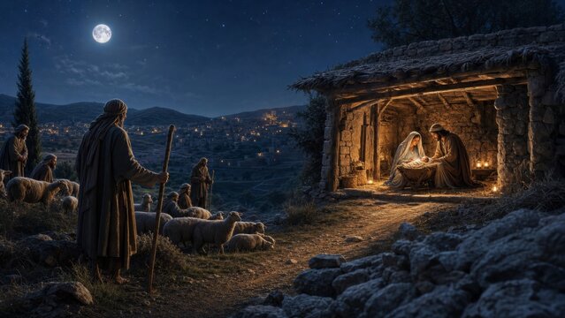 Nativity scene with Mary and Joseph watching baby Jesus in manger under moonlight. Bethlehem town, star, and shepherds with flock of sheep. Christian Christmas religious tradition concept.