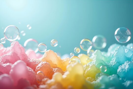 Close-up of Bright, Colorful Soap Bubbles Bursting on a Pristine Background Highlighting Hygiene and Cleanliness.