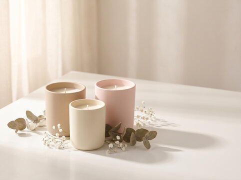 Elegant Scented Candle Set with Dried Flowers on White Surface