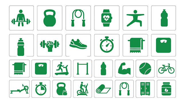Green health and fitness icon set for daily workout routines with exercise wellness training dumbbell activity lifestyle physical strength athletics gymnasium