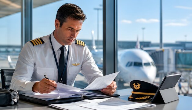 Airline pilot reviewing flight documentation at desk in airport lounge with airplane in background