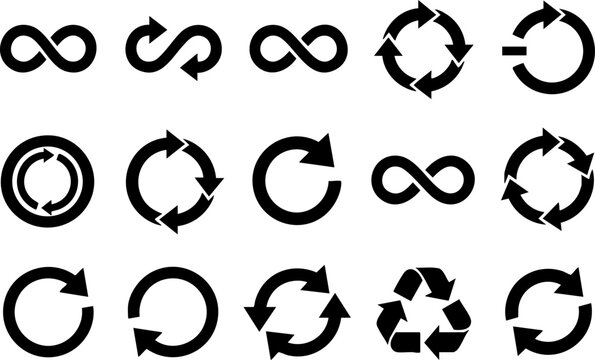 Set of black circular arrow icons representing recycling refresh reload rotation and infinity loop concepts