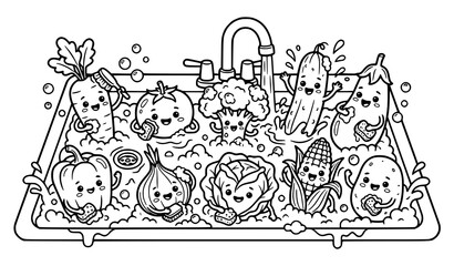 Cute Vegetable Characters Washing in Kitchen Sink Hand Drawn Healthy Food Coloring Page Illustration