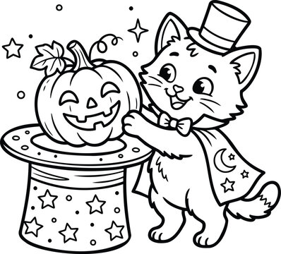 Surprised kitten in striped sweater pulls pumpkin from hat, cartoon style