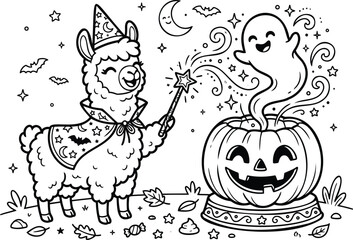 Obraz premium Whimsical cartoon llama wearing a hat pulling a friendly ghost