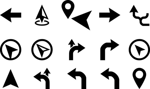 Set of black navigation icons and directional arrows for maps and digital user interface design elements