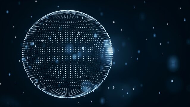 Glowing digital sphere made of binary code and data points