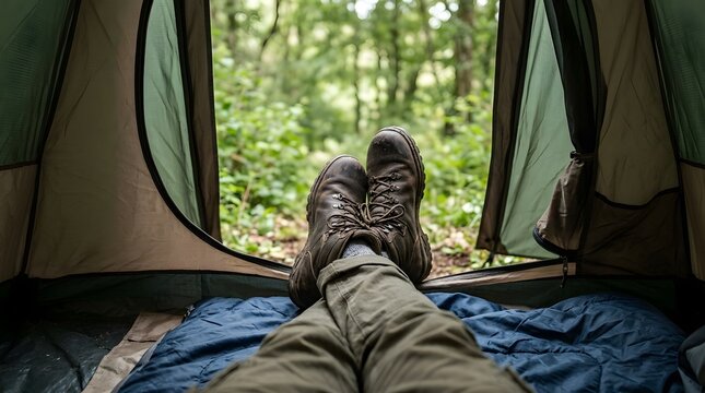 Hiker rests inside a green fabric tent while looking out at the lush forest landscape during a peaceful camping trip.