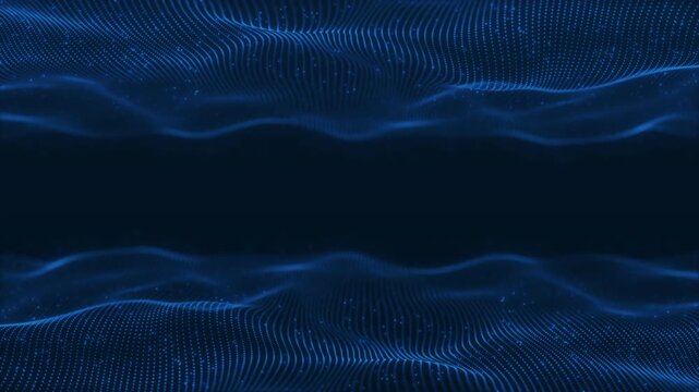 Futuristic blue data wave background with layered glowing particles and empty space, ideal for technology, cyber security, AI, network and digital interface designs.
