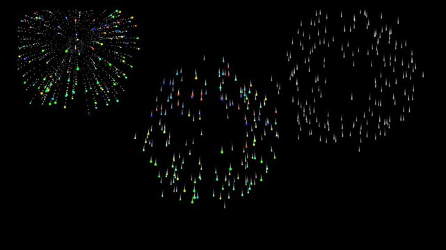 Colorful fireworks explosion on black screen with sparkling particles and glowing trails, perfect for celebration overlays.estive celebration animation, bright light particles display.4k
