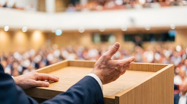 Speaker stands at a wooden lectern, gesturing with open hands while addressing a large, blurred audience in a brightly lit auditorium.