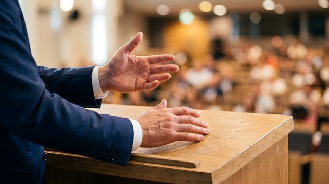 Orator standing behind a wooden lectern with hands spread wide during a presentation to illustrate key points to the audience seated in a softly lit lecture hall.