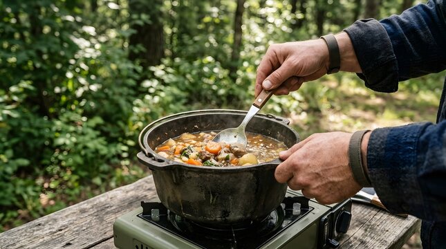 Outdoorsman cooks a nutritious stew in a heavy cast iron pot on a portable gas stove during a forest camping trip.