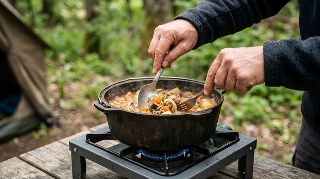 Hiker prepares a warm meal in a cast iron dutch oven while camping outdoors in the serene forest shade.