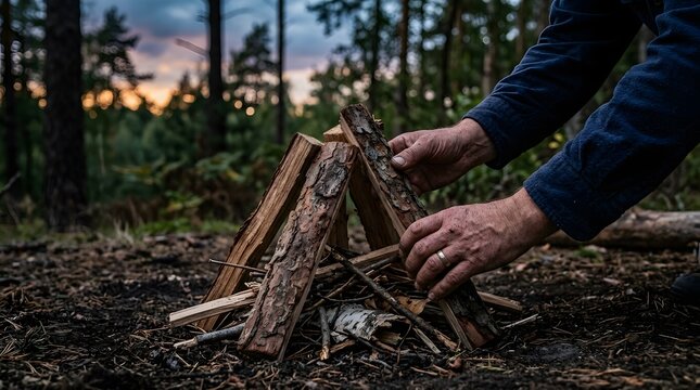 Traveler arranges pieces of firewood into a conical shape on the darkened earth of a campsite surrounded by tall pine trees during sunset.