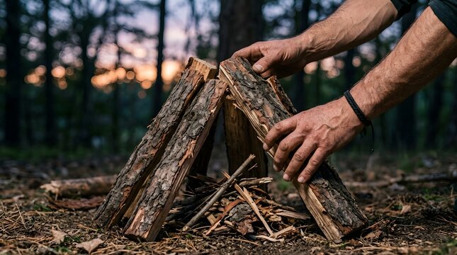 Camper builds a rustic campfire with rough wooden logs amidst the fading twilight in a dense forest.