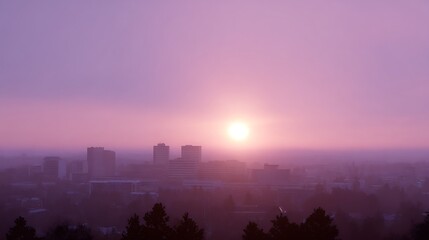 Fototapeta premium Soft pink and orange sunrise sky over a calm ocean with distant city lights horizon