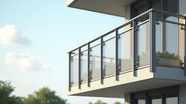 Modern glass balcony railing on a residential apartment building exterior.