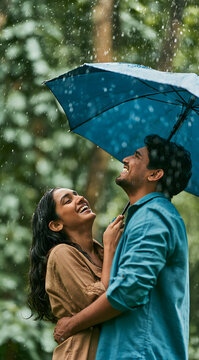 A youthful Indian couple chuckling beneath a blue parasol during a drizzle in a verdant park. A picturesque setting for a loving relationship or a budding romance.