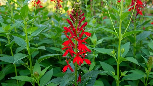 Tall red cardinal flower spire rising above lush green garden foliage