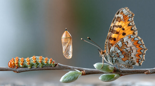 Macro Photography of Butterfly Metamorphosis: Caterpillar to Pupa Stage in Natural Habitat