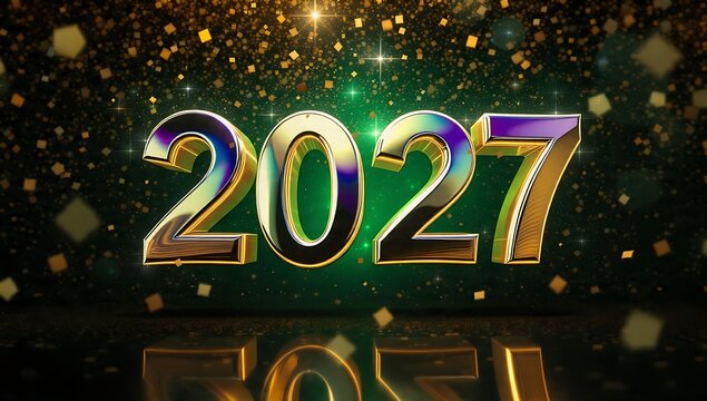 Golden metallic three dimensional numbers twenty twenty seven against glowing green background with sparkles with floating above reflective, reflective surface amidst