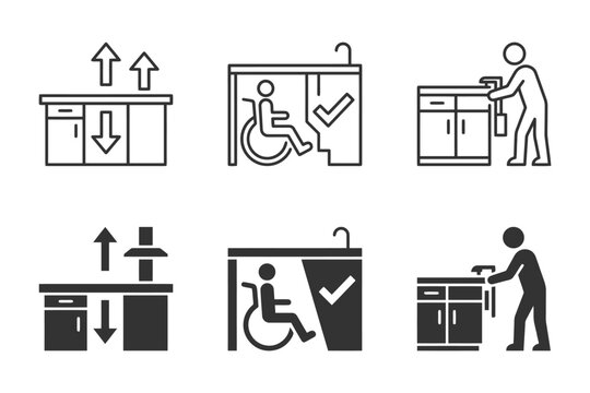 Accessible kitchen design icons for accessibility and inclusiveness.