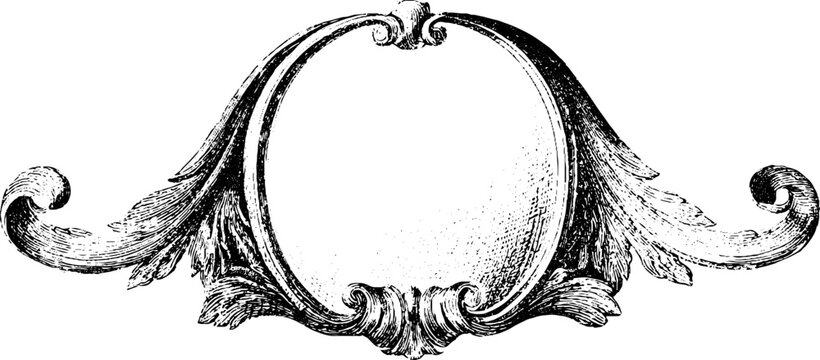 Elegant vintage engraved oval cartouche frame with scrollwork for label background and decorative border design with acanthus leaves and central blank space