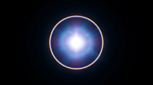 Bright circular light flare with rainbow ring on black