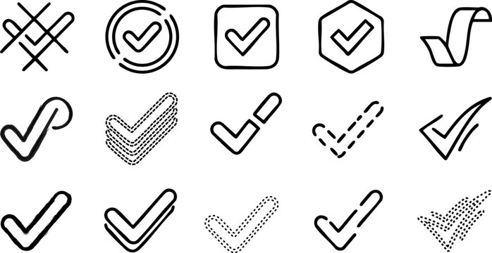 Set of various hand drawn check mark icons and tick symbols for business and web design elements