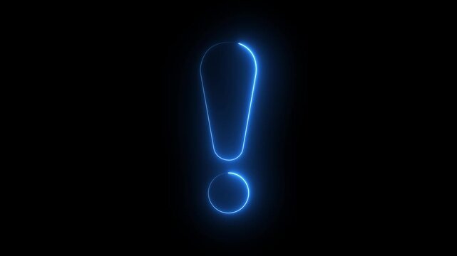Neon exclamation mark glows against a dark, empty background. 4k video