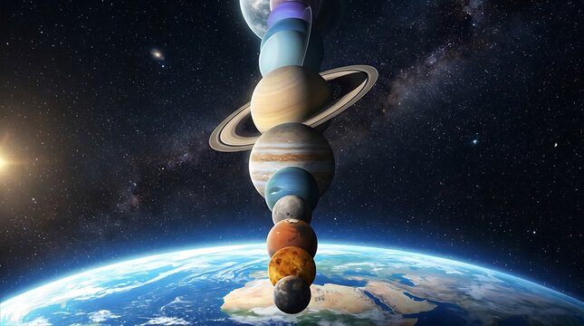Solar system planets stacked in deep space above earth