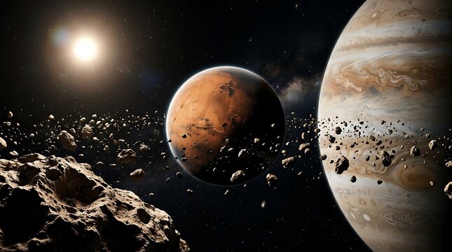 Planets and asteroids floating in dark outer space