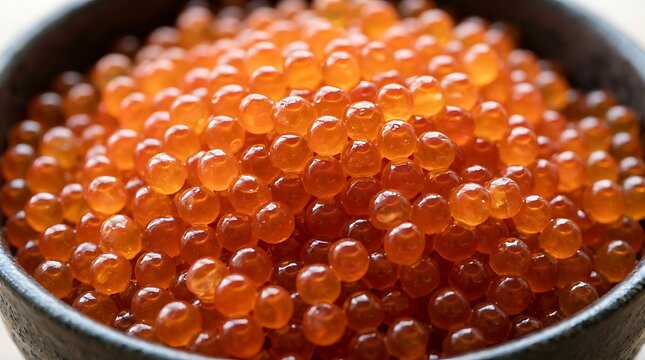 Fresh salmon fish roe in a small round black bowl