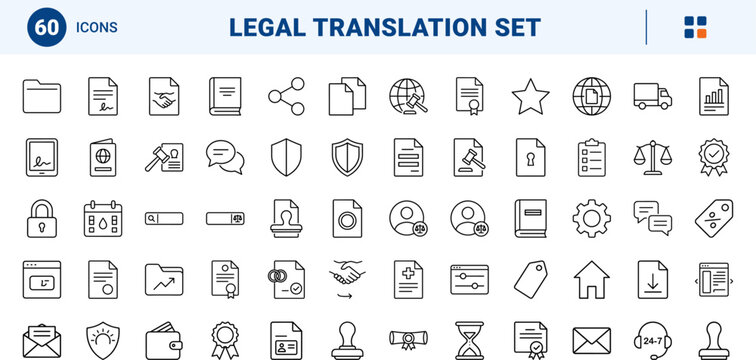 Legal translation service line icon set. Vector pictograms of certified, document, court, and interpreter elements, thin linear illustration.