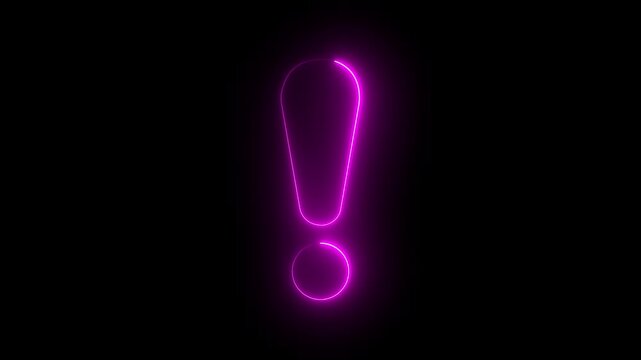Neon exclamation mark glows against a dark, empty background. 4k video