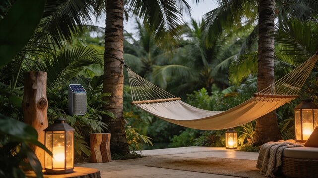 Empty white hammock hanging between palm trees in a lush tropical jungle garden illuminated by warm candle lanterns at night. Summer vacation relaxation.
