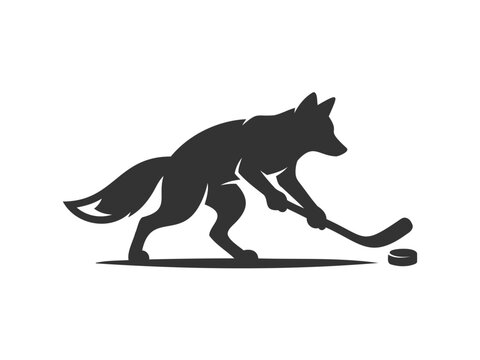 Wolf skating on ice and holding hockey stick