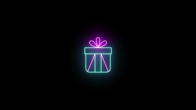Dual tone cyan magenta neon present package icon on dark background 4k 25fps
