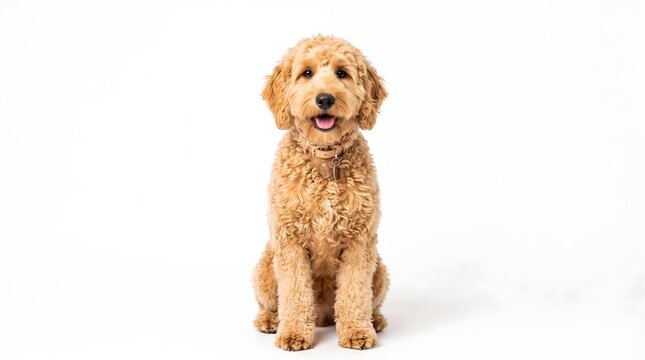 Fluffy golden doodle dog sitting attentively for commercial use in bright studio photography with a clean isolated white background.